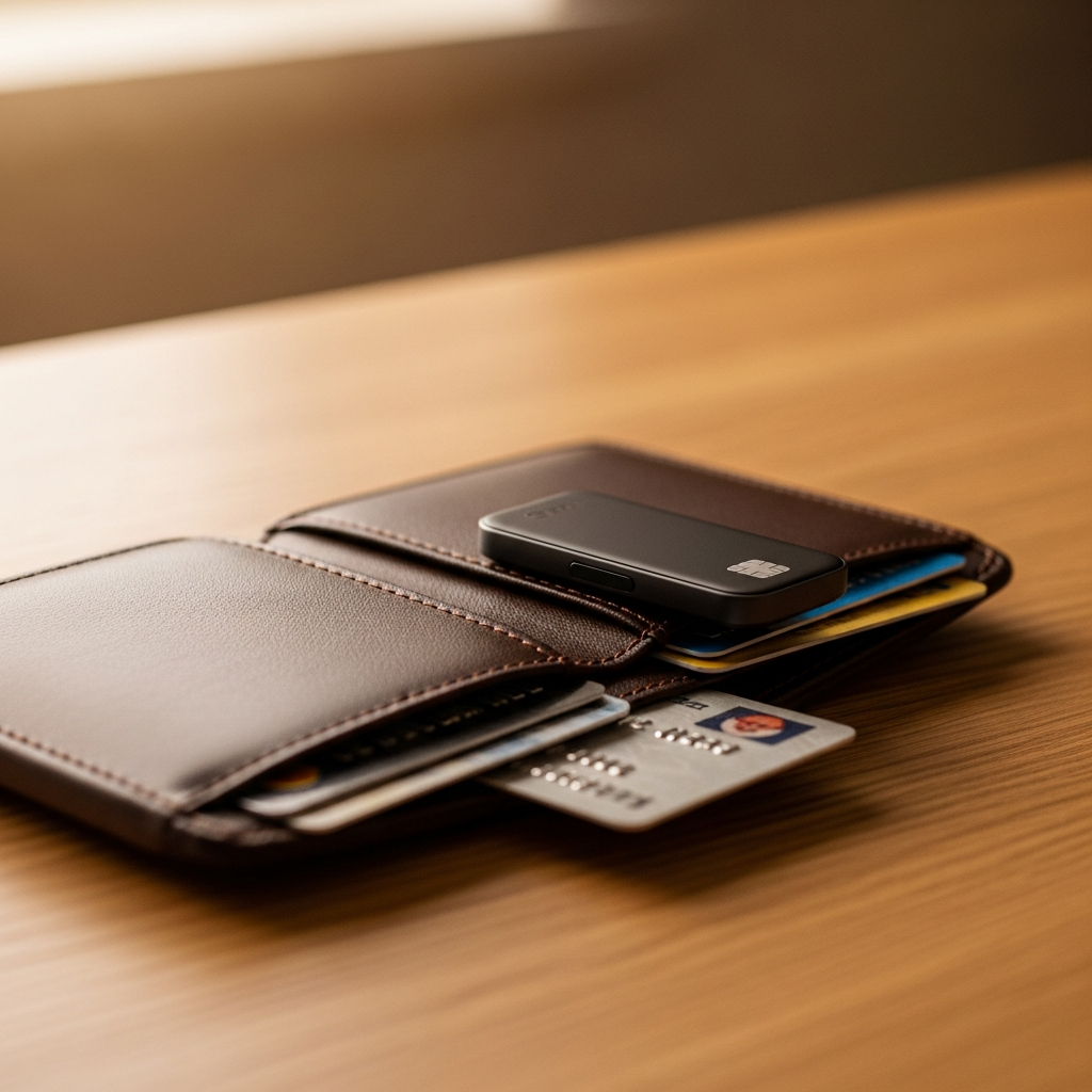 A sleek, credit card-shaped smart tracker subtly placed inside a modern wallet, surrounded by various cards. The wallet is on a textured desk. Style: lifestyle photography, warm lighting, natural setting, colored background, no visible text.
