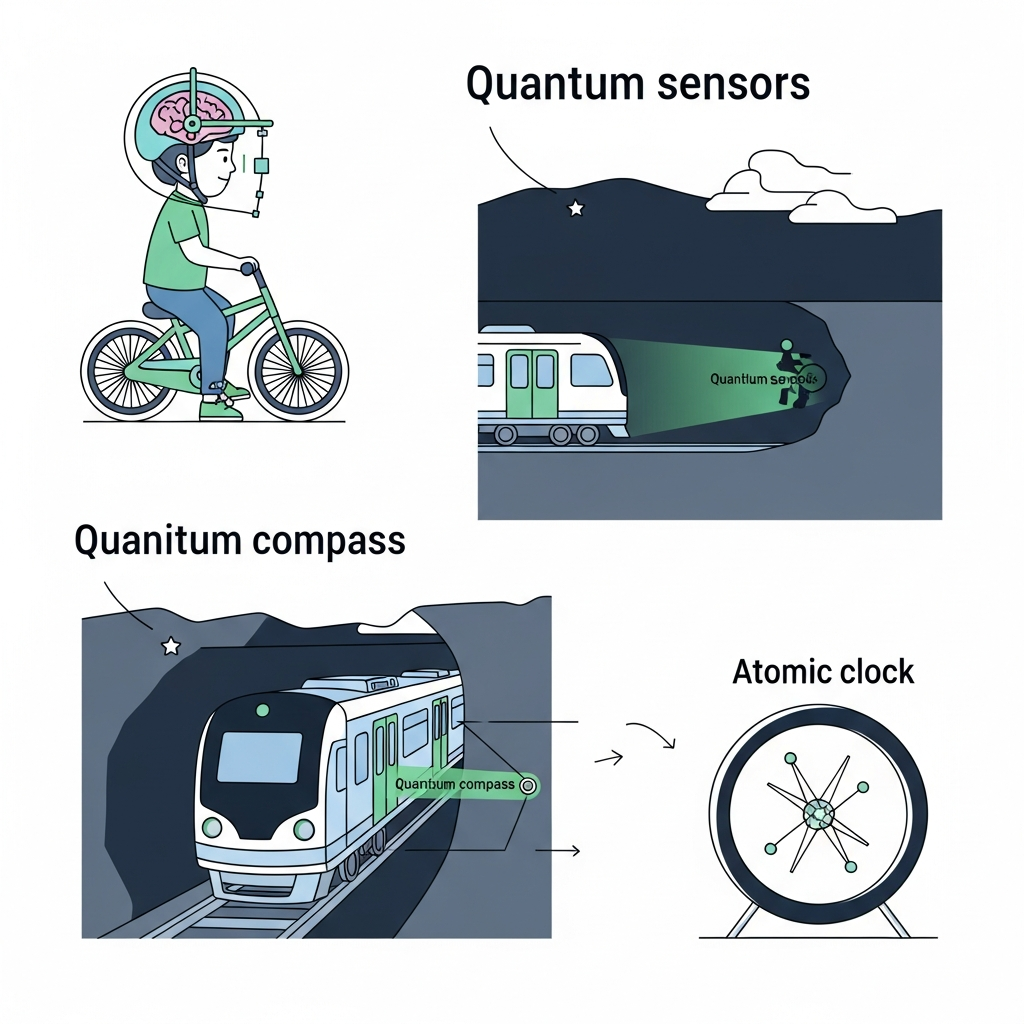An infographic illustrating various applications of quantum sensors. Show a child wearing a bike helmet-like device for brain scanning, a train navigating underground with a quantum compass, and an atomic clock. Use clean lines and subtle blue and green color palettes. Style: modern infographic, high contrast, clean layout. No text.
