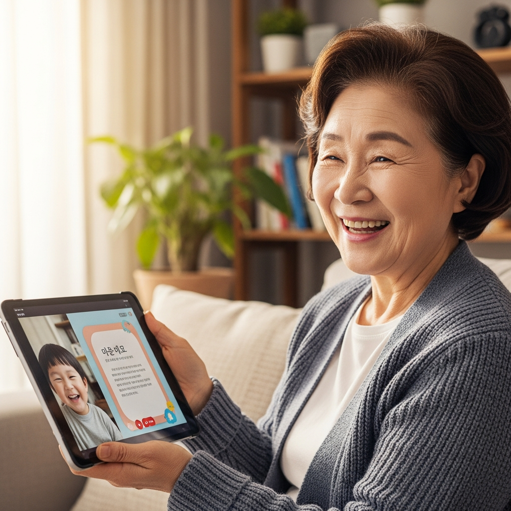 A senior Korean woman happily using a tablet, perhaps video calling with a grandchild or reading an e-book. Bright, warm lighting. Natural setting, possibly living room with a cozy background. Lifestyle photography. No text.