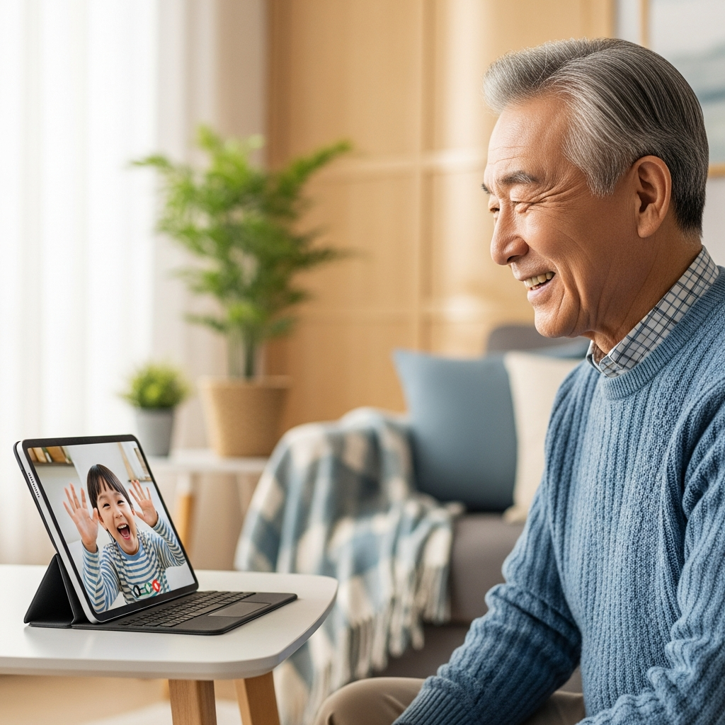 A Korean senior man smiling brightly while video calling with his grandchild on a large 13-inch iPad Air. The iPad is placed on a table. The background is a bright, cozy living room. Lifestyle photography, natural lighting. No text.