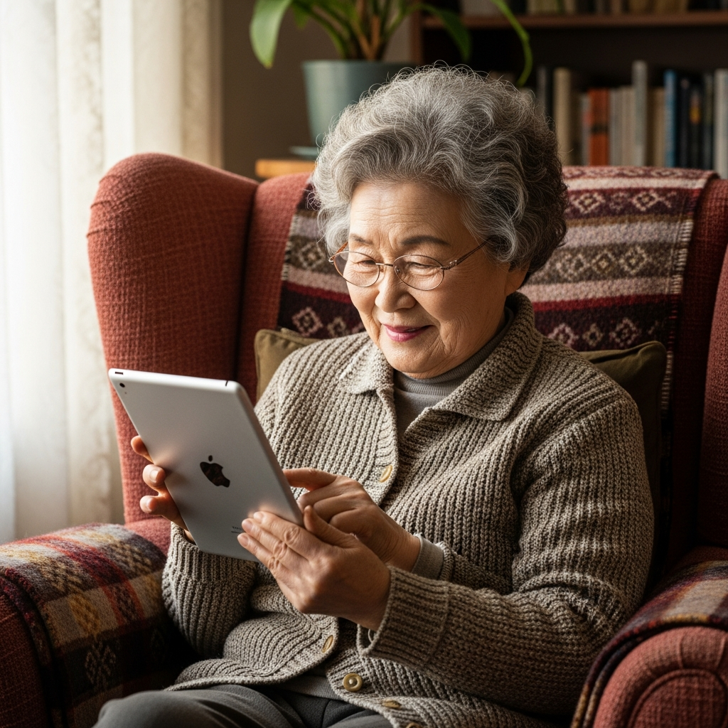 A Korean senior woman comfortably reading an e-book on a small, lightweight iPad Mini while sitting in a armchair. Soft, natural lighting. Cozy indoor setting. Lifestyle photography. No text.