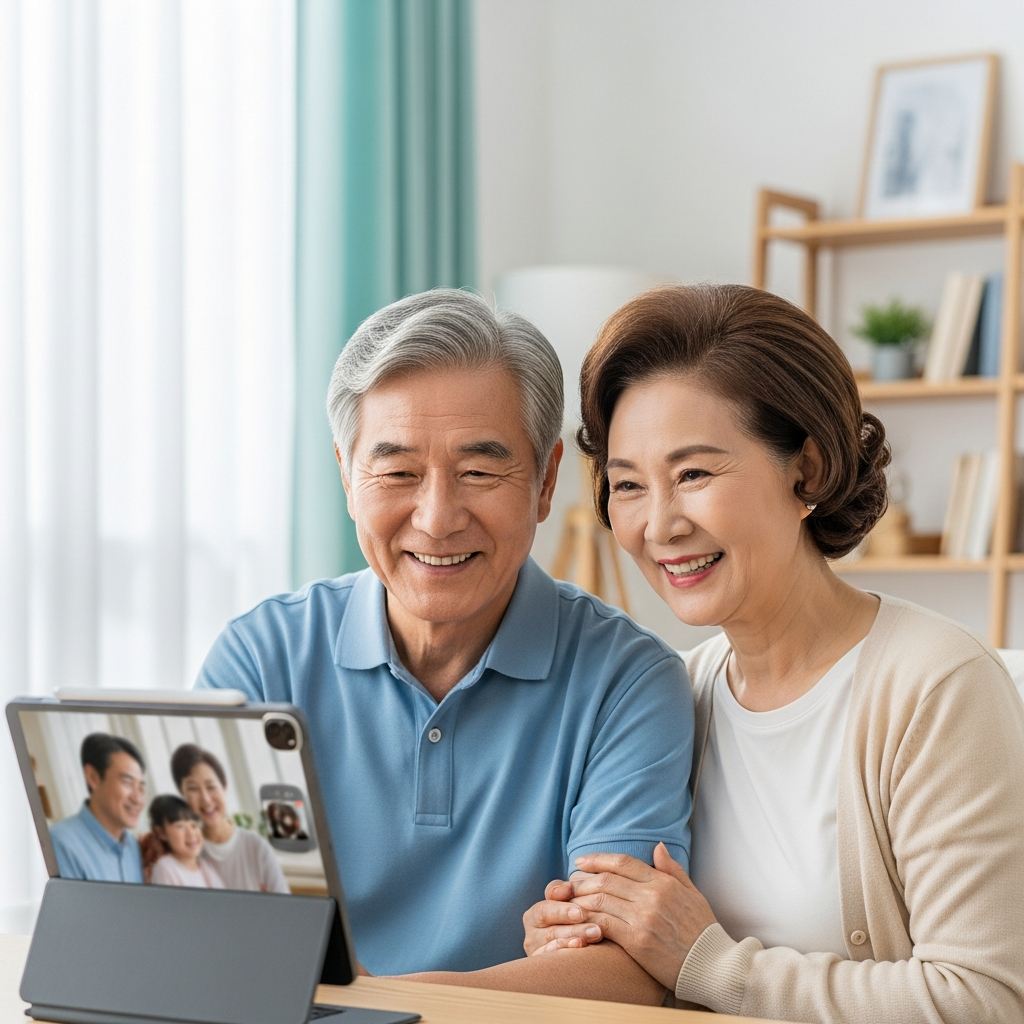 A Korean senior couple happily engaged in a video call on an iPad (A16) that is propped up on a stand. They are smiling and interacting with the screen. Bright and clear home environment. Lifestyle photography. No text.