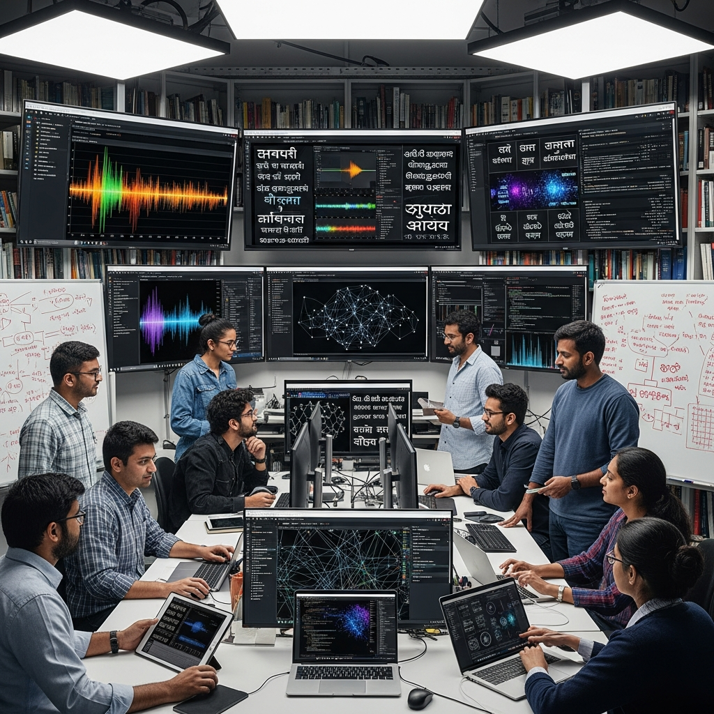 Indian researchers working with language data and AI models in university laboratory. Multiple screens showing different Indian scripts and languages. Academic research environment with books and digital interfaces. Bright professional lighting. No text.