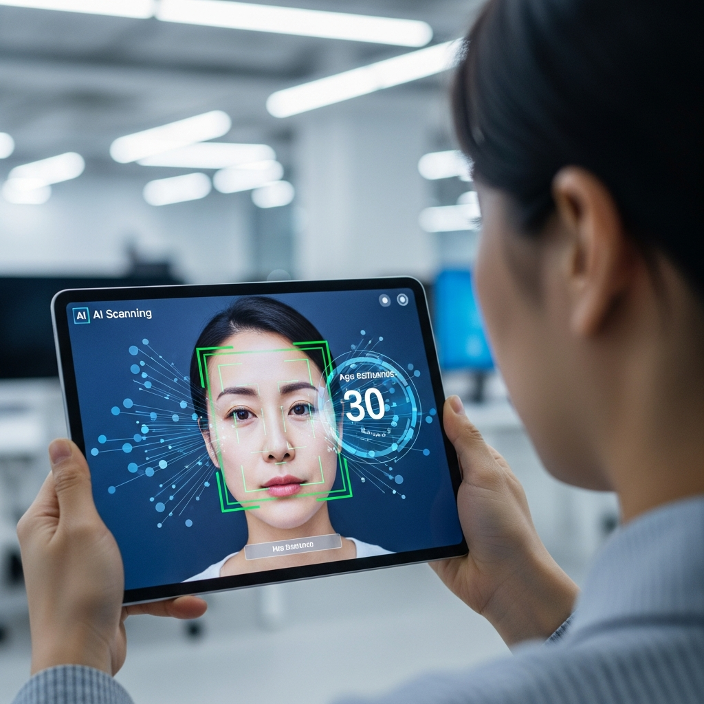 Person using facial age estimation technology on tablet, AI scanning interface with age detection visualization, modern tech environment, privacy-focused atmosphere, Korean person, no text