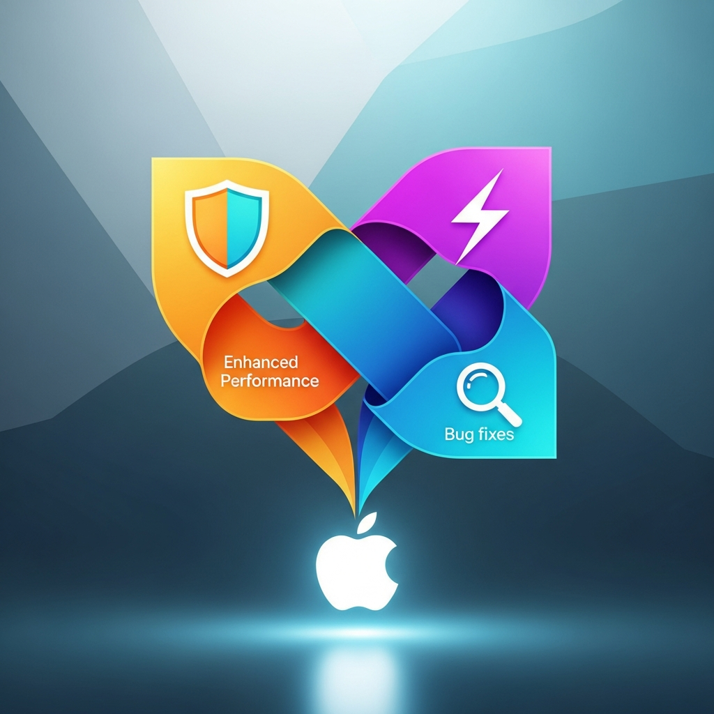 Abstract infographic showing intertwined elements representing improved security, enhanced performance, and bug fixes, symbolized by shield, lightning bolt, and magnifying glass icons, all originating from a central Apple logo. Style: modern, high-tech infographic, bright lighting. Colored geometric background. No visible text.