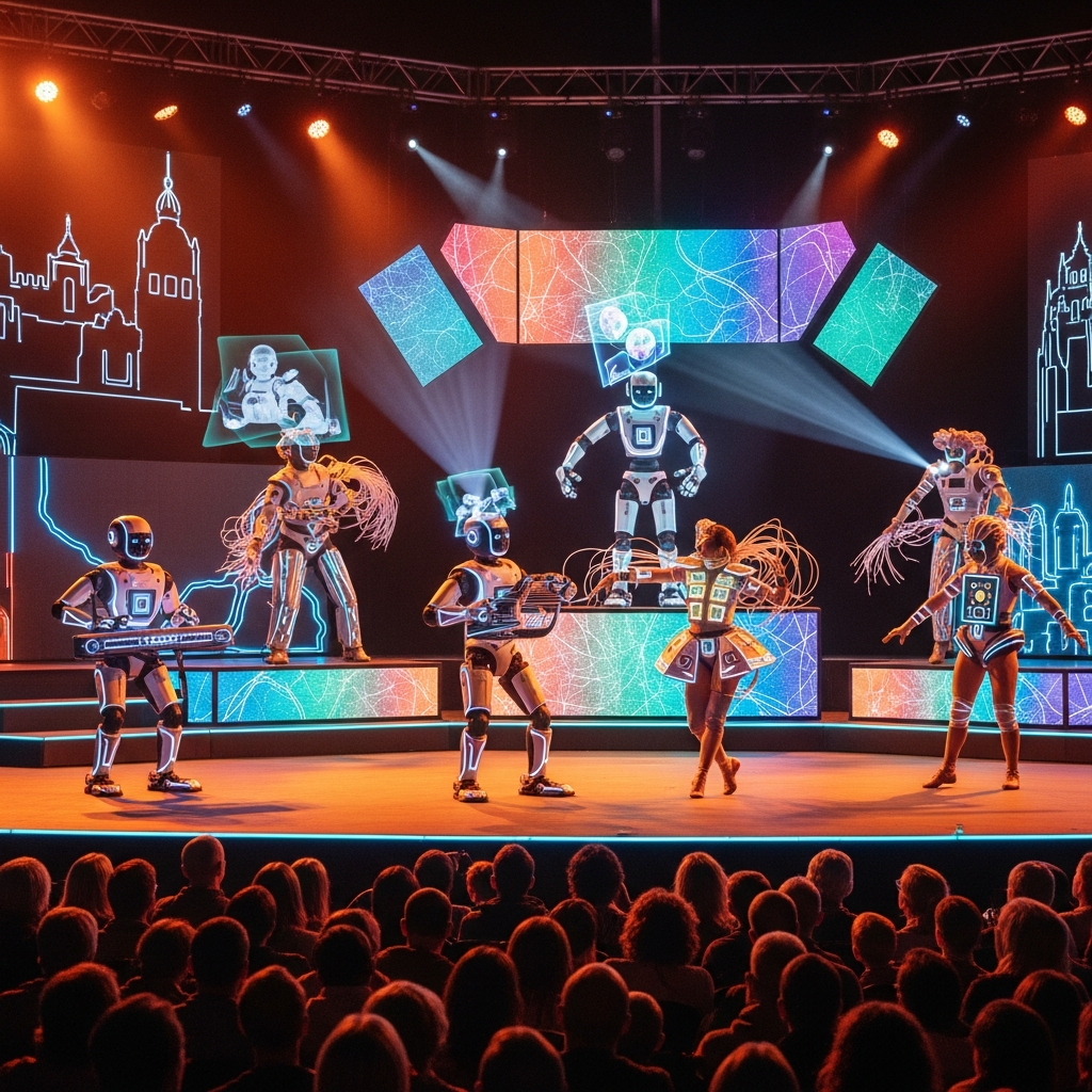 Edinburgh Festival stage with AI robots and performers, vibrant festival atmosphere with colorful lighting, audience watching innovative tech performance, modern theater setting with futuristic elements, warm evening lighting, no text