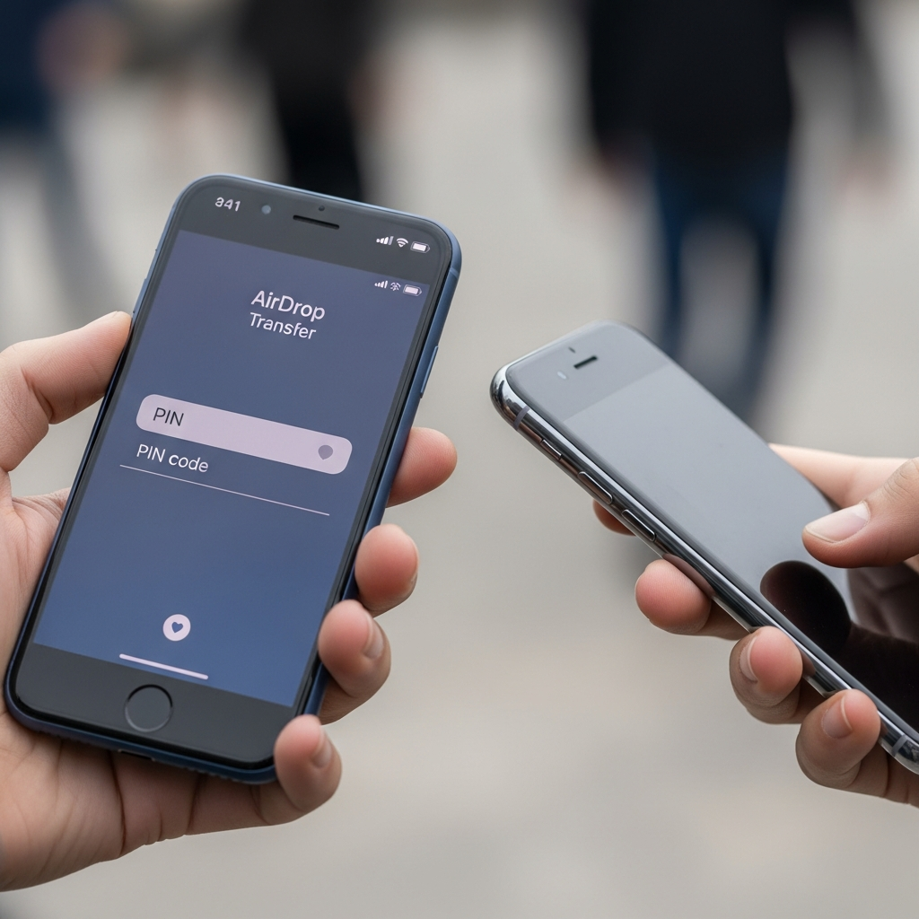 A close-up lifestyle photograph of two hands interacting with iPhones. One iPhone screen shows an AirDrop transfer prompt with a clear space for a PIN code input. The other iPhone is ready to send. The background is a soft-focused public place, suggesting secure sharing. No text.