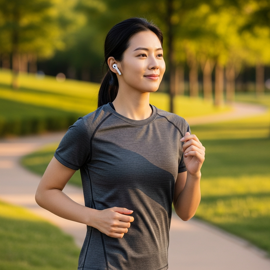 A person jogging in a park, wearing AirPods 4, with a serene and active expression. The background shows lush greenery and a subtle path, indicating an outdoor workout. Style: lifestyle photography, warm lighting, natural setting. No visible text, Korean appearance.