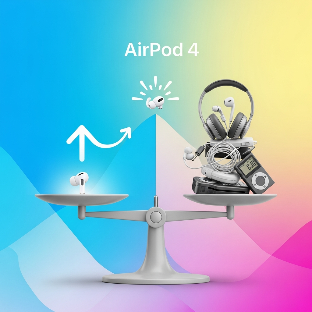 A dynamic image illustrating the value of AirPods 4 compared to other tech gadgets, possibly showing a scale with AirPods 4 weighing less but delivering more. Use bright, engaging colors and a clean, modern design. Style: clean infographic, modern layout, high contrast. No visible text, Korean appearance.