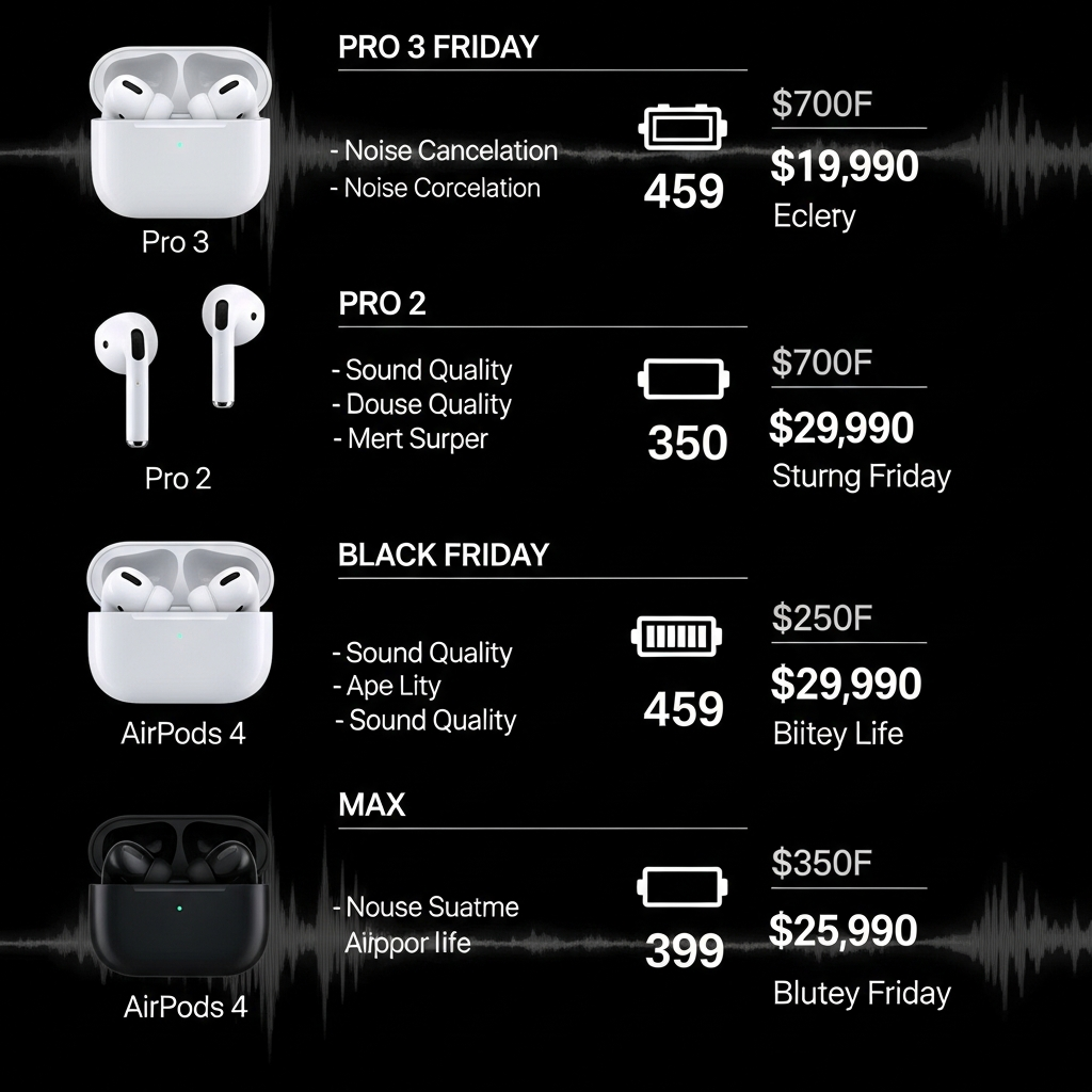 A detailed infographic illustrating various AirPods models (Pro 3, Pro 2, AirPods 4, Max) with key features like noise cancellation, sound quality, and battery life, alongside their discounted prices during Black Friday. The background features subtle sound wave patterns and sleek tech aesthetics. No visible text. Style: clean infographic, modern layout, high contrast.