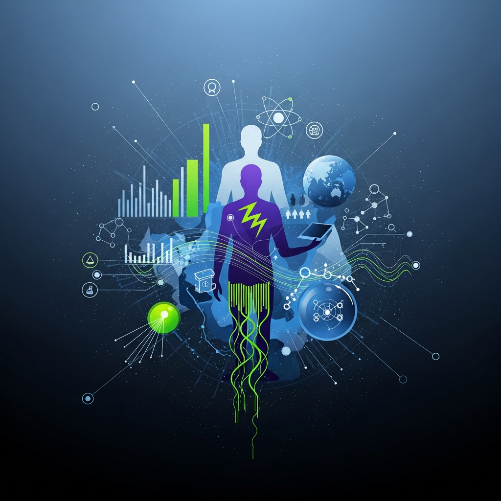 A thought-provoking infographic blending elements of technology, space exploration, and sustainable energy. Abstract figures or symbols represent humanity's progress and scientific research. The background is a subtle gradient, emphasizing innovation and a forward-thinking perspective. No visible text.