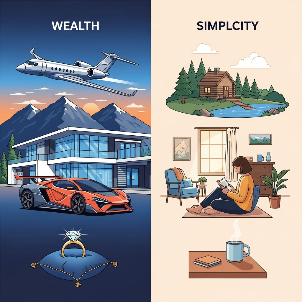 A modern infographic illustrating contrasting elements of wealth and simplicity. One side shows luxury items like private jets or unique cars, while the other side depicts a modest, minimalist home or a simple lifestyle. Use clean lines, high contrast, and a colored background. No visible text.