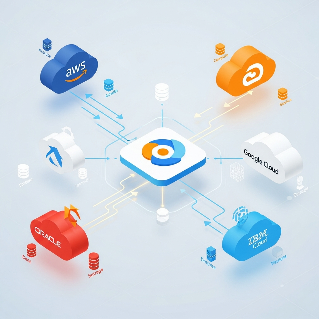 An illustration depicting various cloud service providers as distinct but interconnected entities, emphasizing the concept of a multi-cloud strategy. Show different branded clouds interacting, with a focus on data flow and integration. Style: clean infographic. No text.