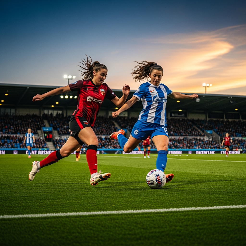 A vibrant and action-packed scene of a women's football match in a stadium. Focus on two dynamic players in motion, with a clear football on the pitch. The background shows a modern stadium with a gradient sky. Style: sports photography, bright and energetic. No visible text.