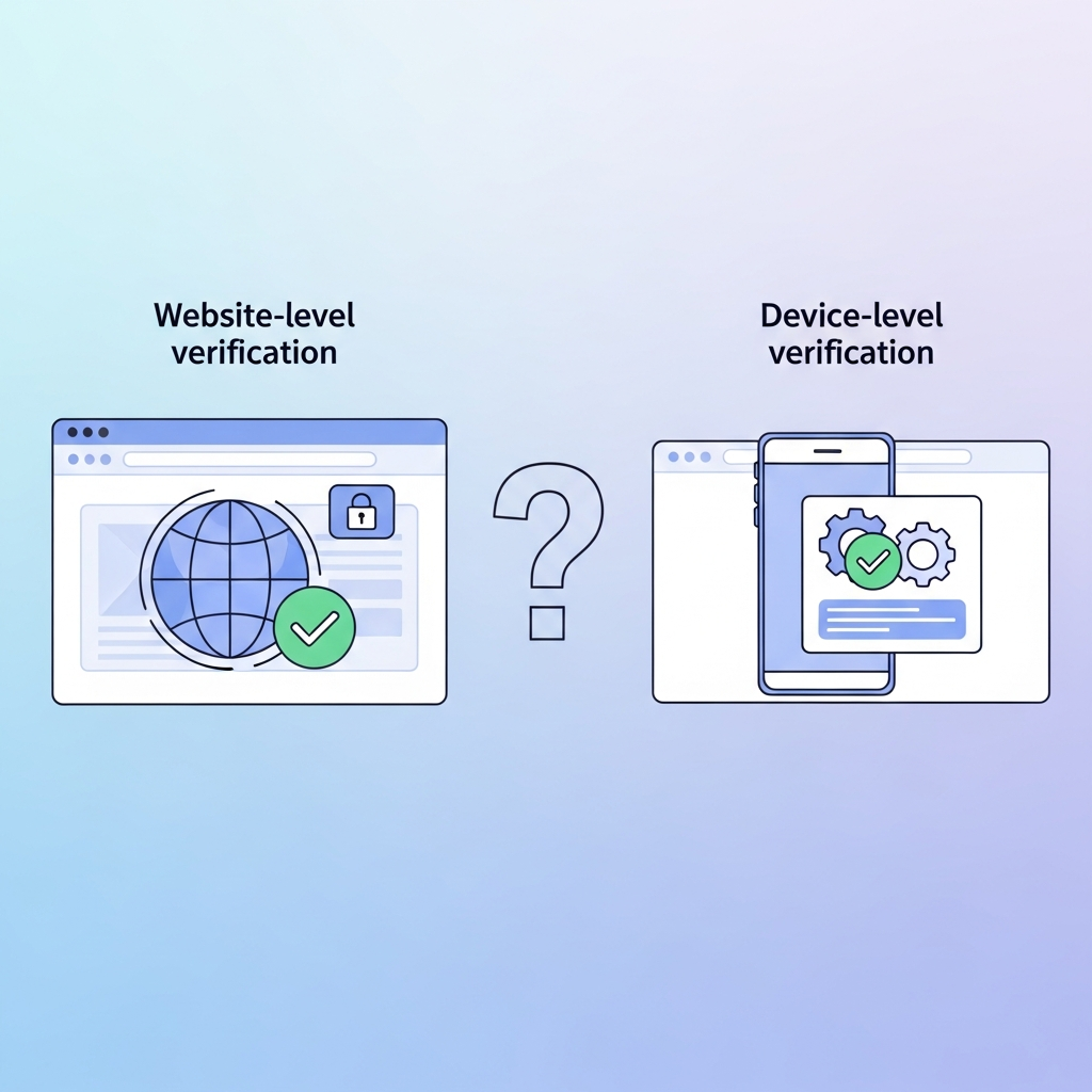 A balanced visual representation of two distinct approaches: one screen showing website-level verification, another showing device-level verification. A question mark hovers in the middle, framed by a soft, gradient background. Style: modern illustration, clear visuals. No text.