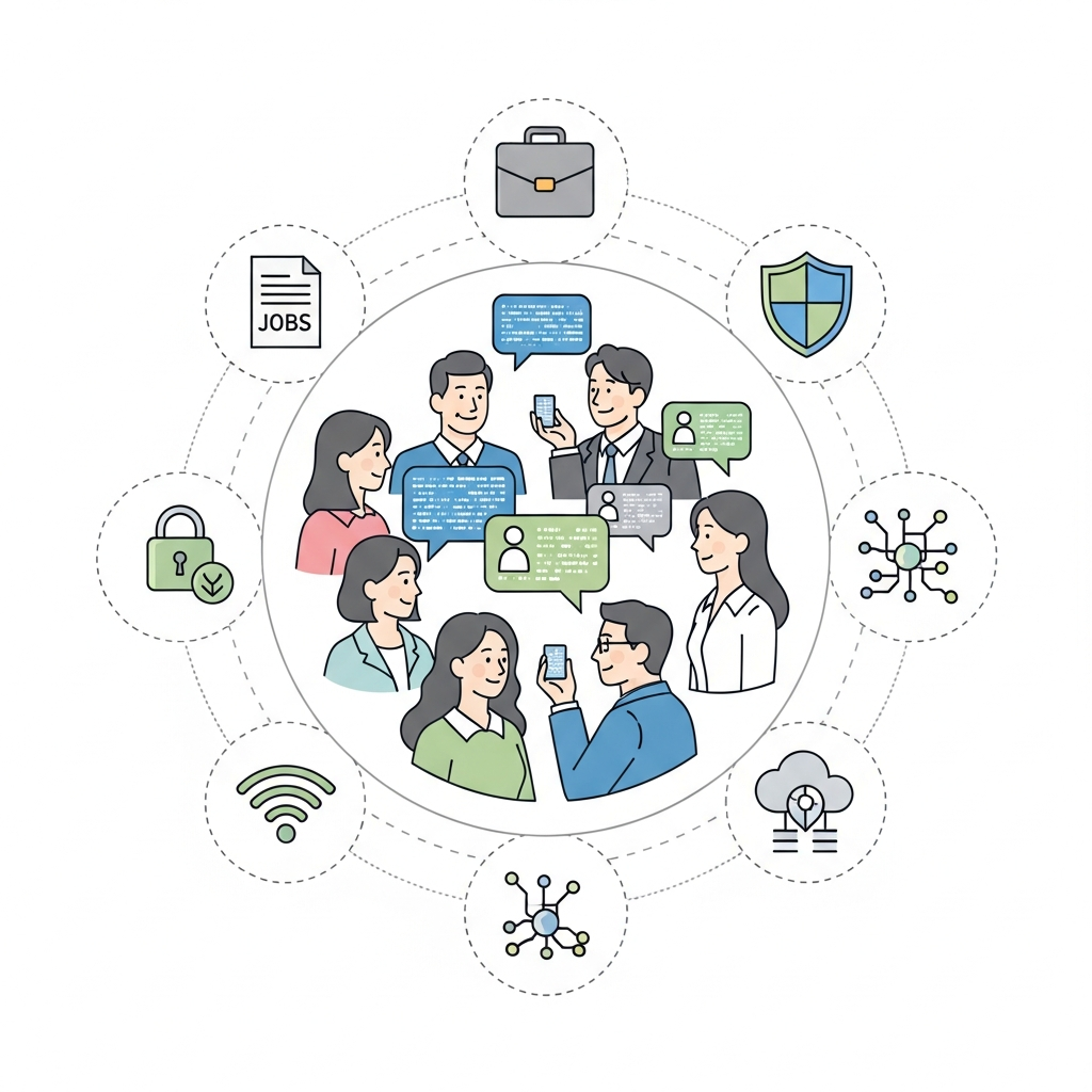 Korean people discussing digital ID cards in a modern, clean infographic style. Showing icons related to jobs, privacy, and technology. No text.