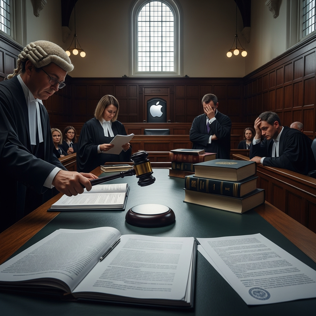 A dramatic courtroom scene in the UK showing a legal victory, with judges' gavel, legal documents, and Apple logo subtly in background. Professional lighting, serious atmosphere, realistic photography style. No text.