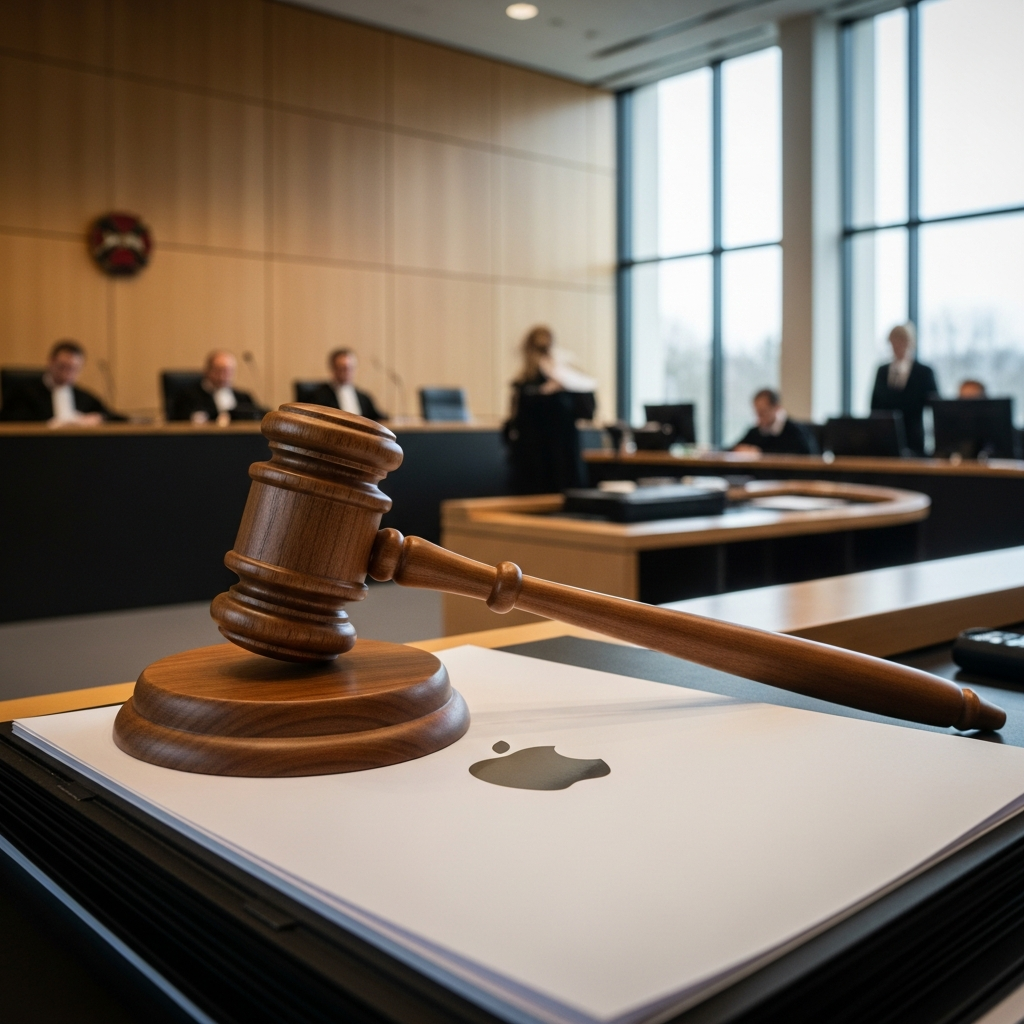 Professional courtroom scene showing a judge's gavel and legal documents with Apple logo visible, representing a major legal ruling. Modern courtroom setting with natural lighting, formal atmosphere. No text.