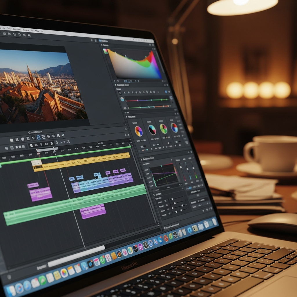 Close-up view of MacBook Pro screen showing video editing software interface with timeline, color grading panels, and export progress bar, professional editing workspace with warm ambient lighting, no text