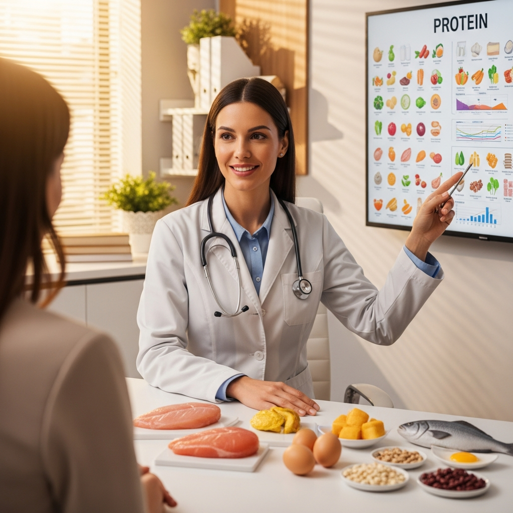 A nutritionist in white coat explaining protein content using colorful food charts and models, professional medical office setting, educational atmosphere, warm lighting, no text.