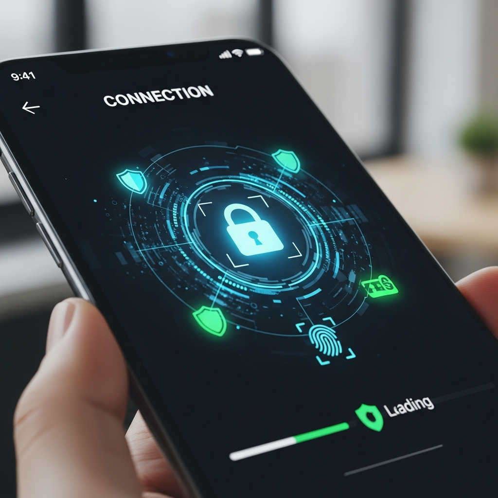 Secure banking authentication interface on smartphone, bank app connection screen with privacy protection symbols, financial security icons, modern banking UI, no text
