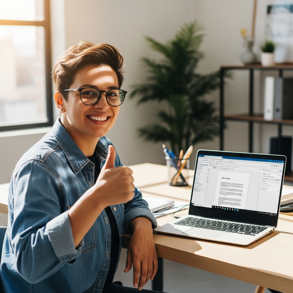 Lifestyle photography showing satisfied person giving thumbs up while working with Microsoft Office on computer, bright modern workspace, positive atmosphere, natural lighting, no text