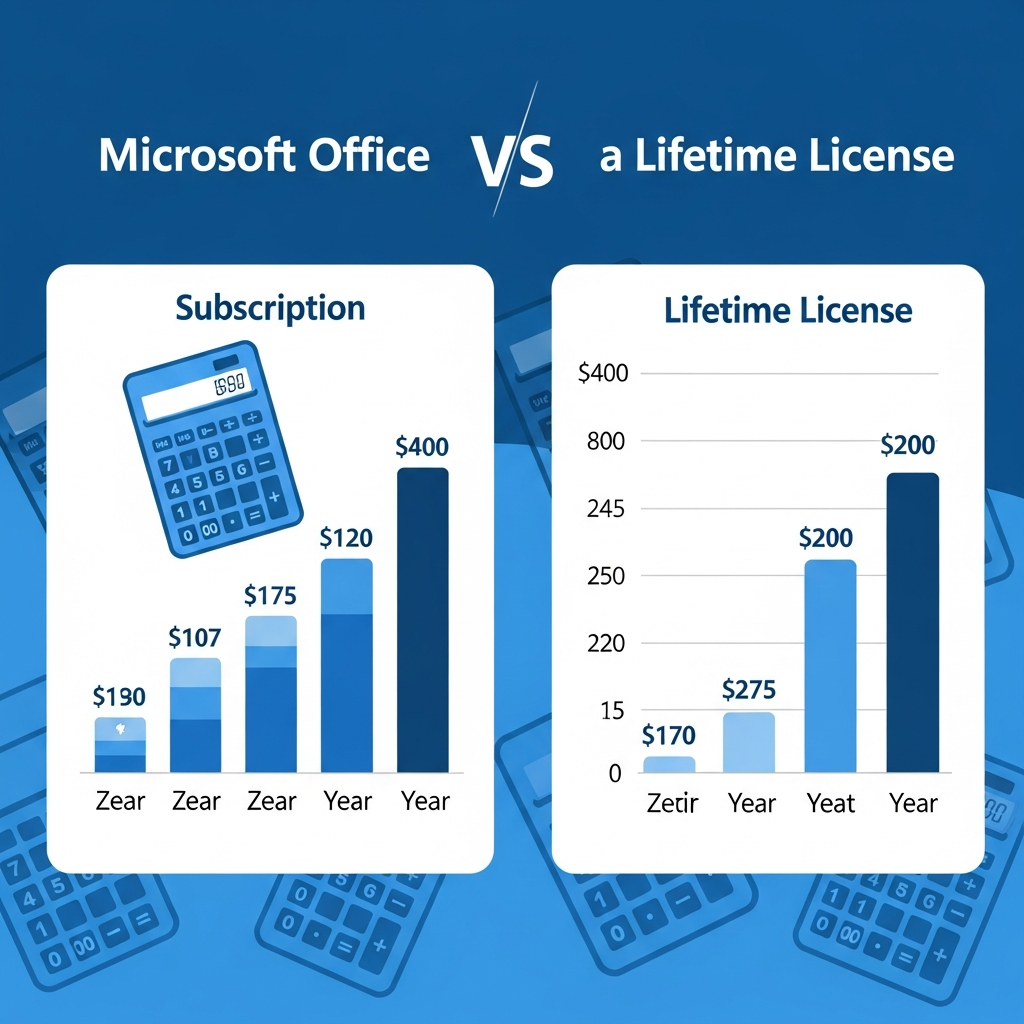 Clean infographic showing cost comparison between Microsoft Office subscription vs lifetime license over 5 years, bar charts and calculator imagery, professional blue theme, no text