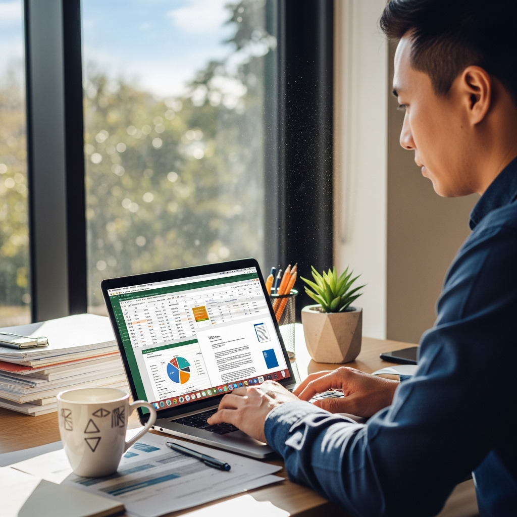 Professional working on MacBook Pro with Microsoft Office applications, modern workspace with documents and charts on screen, natural lighting from window, productive atmosphere, no text