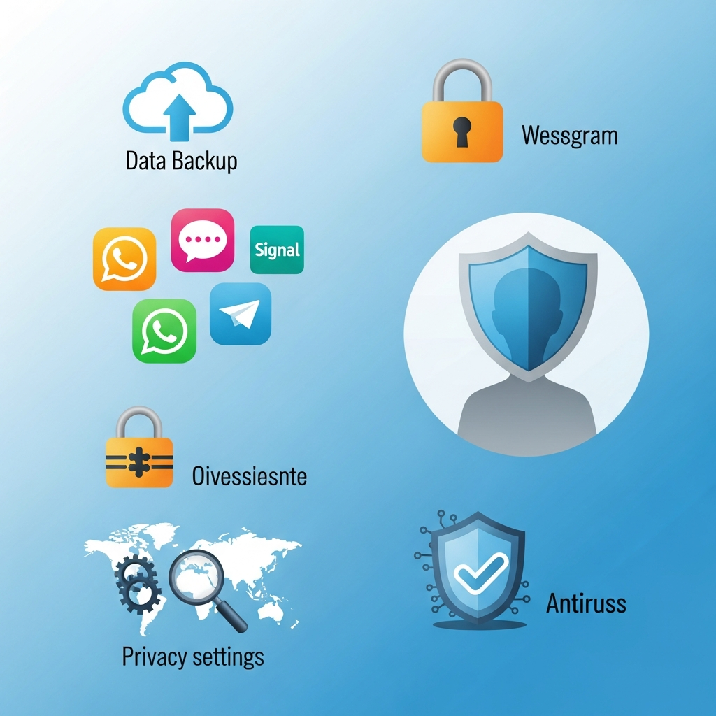 An infographic showing various protective measures for online life, such as a cloud icon for backup, multiple messaging app icons for diverse communication, and a shield symbol over a social media profile. Clean design, bright colors, light blue gradient background. No text.
