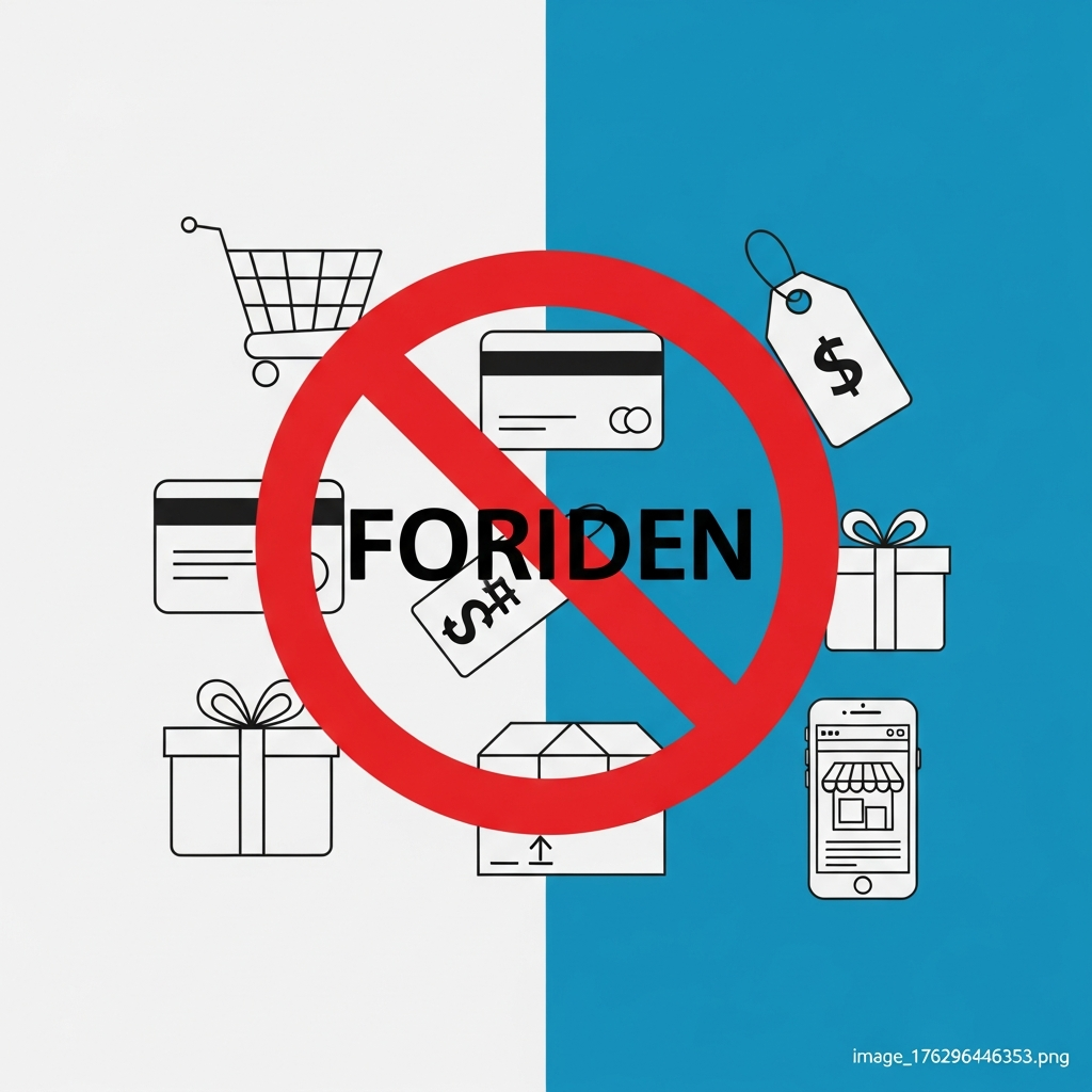 A clean infographic showing a prominent 'forbidden' sign over various generic online shopping product icons, representing a ban and tightened regulations on an e-commerce platform. Style: modern layout, high contrast, minimalist design, with a colored background.