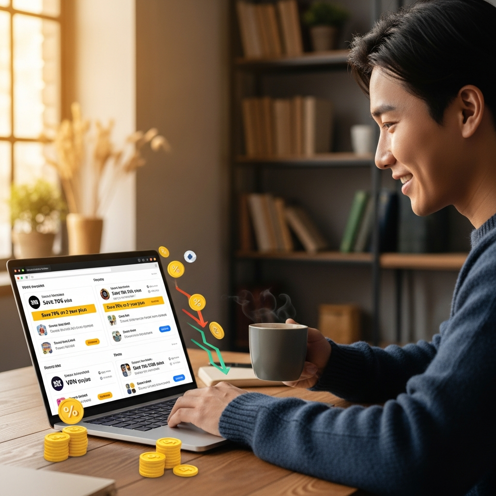 A Korean person comparing various VPN deals on a laptop screen, with visual elements representing discounts and long-term savings. The background shows a cozy, modern study or living room. Style: lifestyle photography, warm lighting, natural setting. No text.