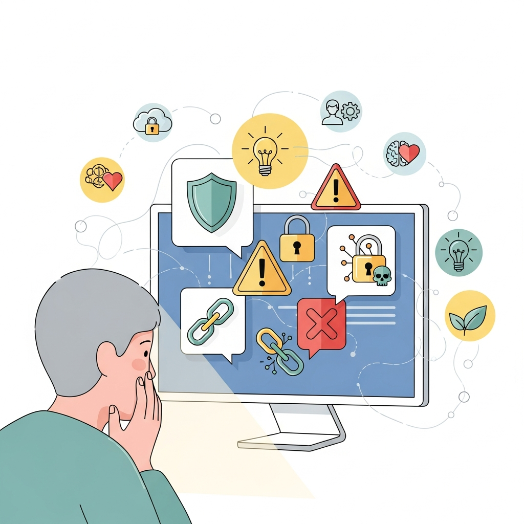 A concerned person looking at computer screen with warning symbols and safety icons, representing online safety concerns. Clean infographic style with soft lighting, showing digital safety elements and mental health awareness symbols. No text.