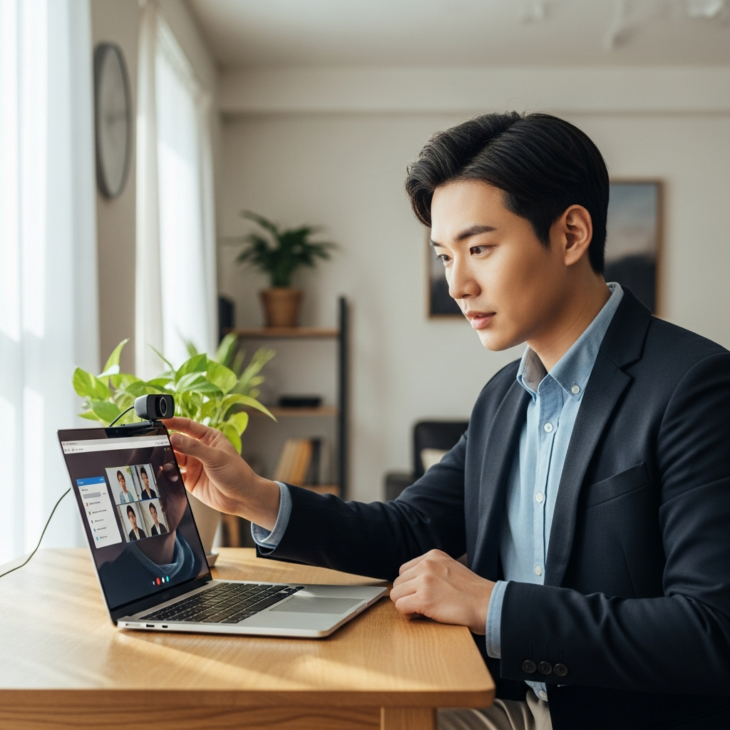 Korean young professional preparing for online job interview at home, laptop screen showing video call interface, professional attire, natural home lighting, lifestyle photography, no text