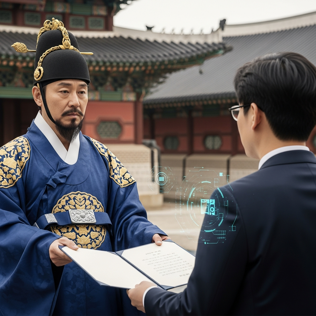 A regal Korean monarch with a serious expression, handing a formal document to a modern Korean tech CEO who is listening intently. The background is a mix of traditional palace architecture and subtle futuristic digital elements, symbolizing the convergence of tradition and cutting-edge technology. Natural, soft lighting. No visible text.