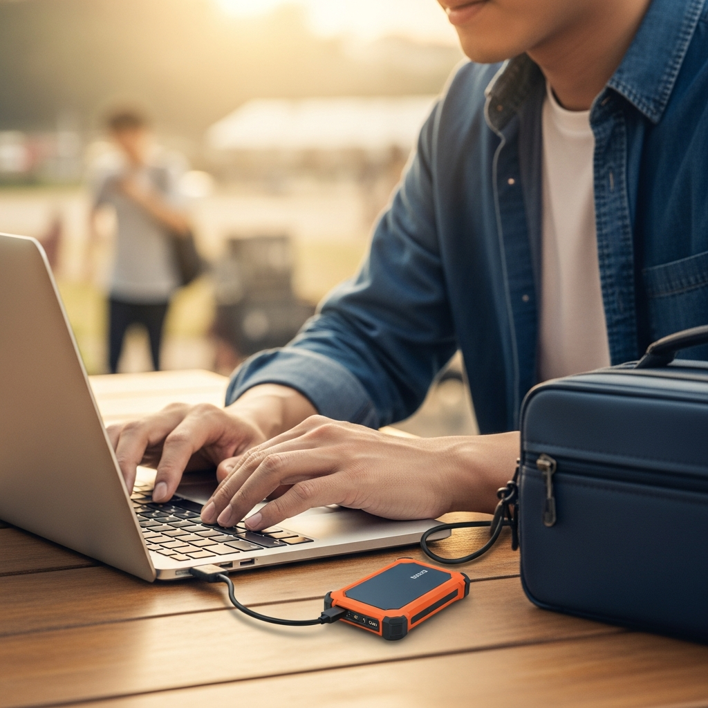 A Korean professional is working outdoors or in a bustling environment with a MacBook. A rugged external SSD, possibly orange or dark blue, is connected, emphasizing its durability and portability. The setting could be a construction site office, a park, or a travel location. Style: lifestyle photography, natural setting, warm lighting. No visible text. Focus on the user and the rugged SSD.