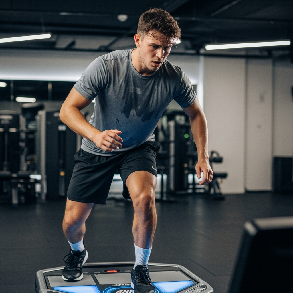 A determined gamer, dressed in athletic wear, intensely playing Dance Dance Revolution, showing focused expression and slight sweat. The environment is a clean, modern gym or training room. Style: dynamic lifestyle photography, focused and energetic. No text.