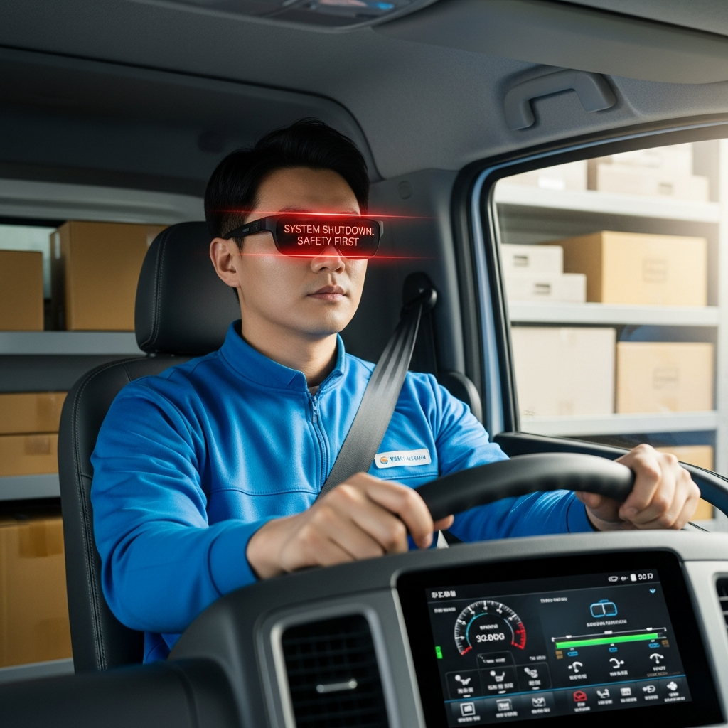 Korean delivery driver in a vehicle with smart glasses that automatically shut off, showing safety-first design. Interior view of delivery truck with packages in background, emphasis on driver safety technology. Realistic photography with natural lighting.