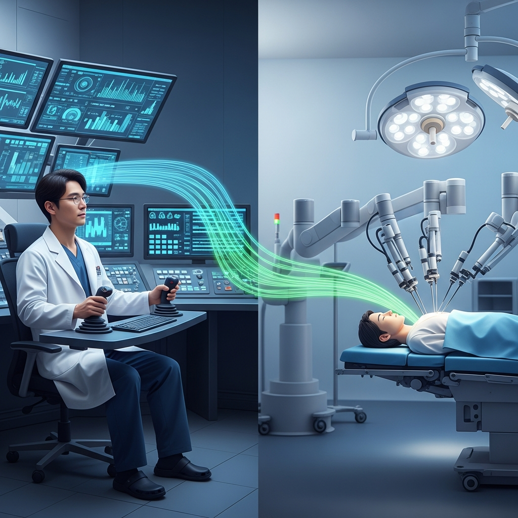 modern infographic showing a doctor in a control room, using a joystick or console to remotely control a robotic arm that is performing a delicate procedure on a patient in a different location, smooth data flow lines, clean design, colored background, no text, Korean appearance for doctor