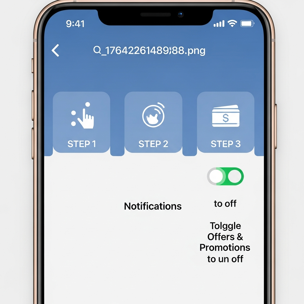 A stylized infographic depicting a sequence of three steps on an iPhone screen: 1. Tap ellipsis icon in Wallet. 2. Tap Notifications. 3. Toggle "Offers & Promotions" to off. Use clear, simple icons for each step on a modern, clean background. No visible text on the phone screen.