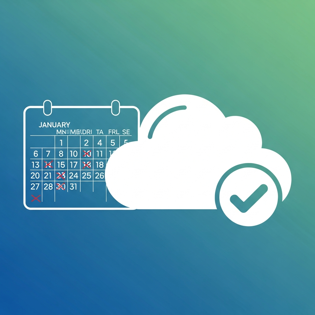 Infographic of a calendar with all days crossed out, next to a large cloud icon and a checkmark, symbolizing lifetime access and no monthly payments for cloud storage. Blue and green gradient background, clean design. No visible text.