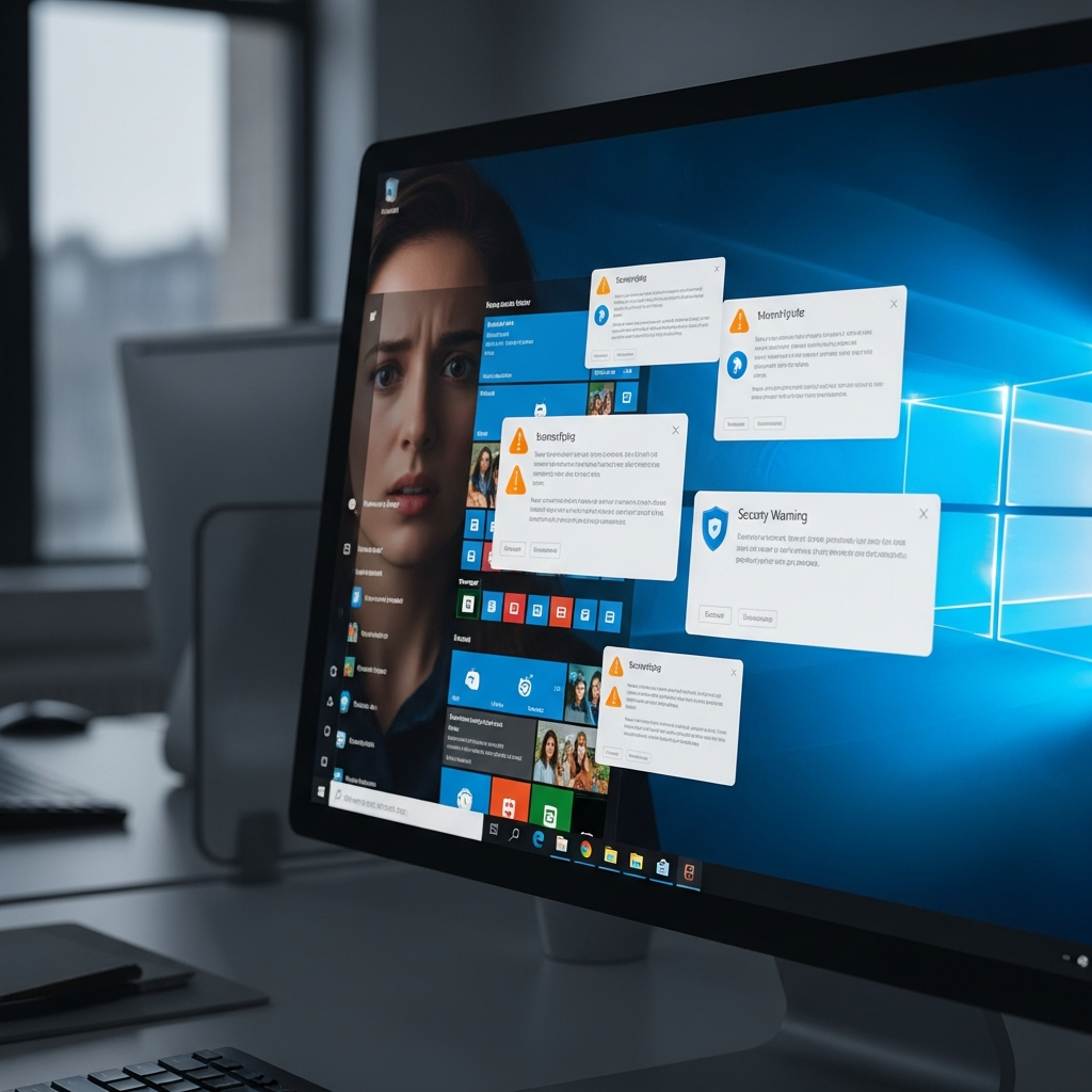 A computer screen displaying Windows 10 with security warning notifications, modern office setting, realistic lighting, concerned user looking at monitor, blue and orange color scheme, no text