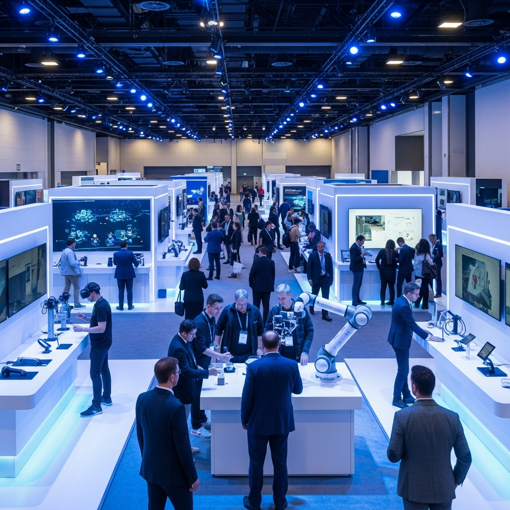 Large technology exhibition hall with innovative displays, visitors exploring cutting-edge tech booths, modern convention center atmosphere, interactive demonstrations and futuristic gadgets, bright lighting, no text
