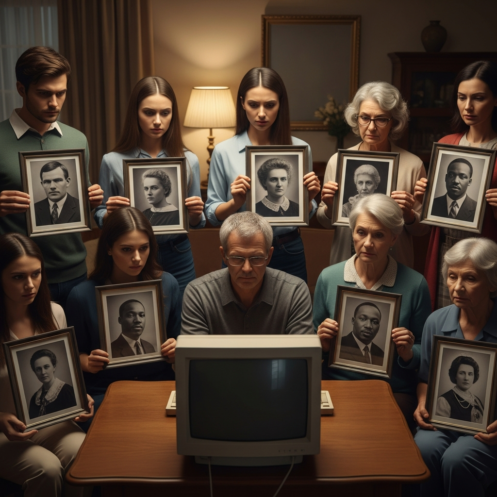 A somber family gathering scene with people holding photos of historical figures, expressing concern and protection over digital legacy, warm indoor lighting, emotional atmosphere, no text
