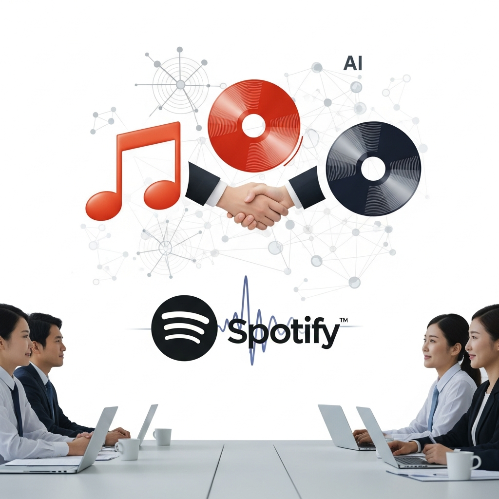 An infographic showing three major record label logos (represented by abstract music symbols) shaking hands with a Spotify-like logo (represented by a stylized music wave), with AI elements like neural networks subtly integrated in the background. Clean, professional style. Korean business people are at a meeting table. No text in image.