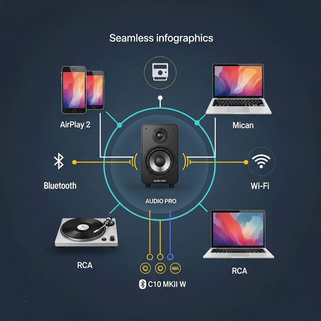 A clean infographic illustrating seamless connectivity between various devices (smartphone, tablet, laptop, turntable) and a central wireless speaker (Audio Pro C10 MKII W style). Lines and icons represent AirPlay 2, Bluetooth, Wi-Fi, and RCA connections. Modern layout, high contrast, vibrant colors. No visible text. Bright, balanced lighting, textured background, centered focus.