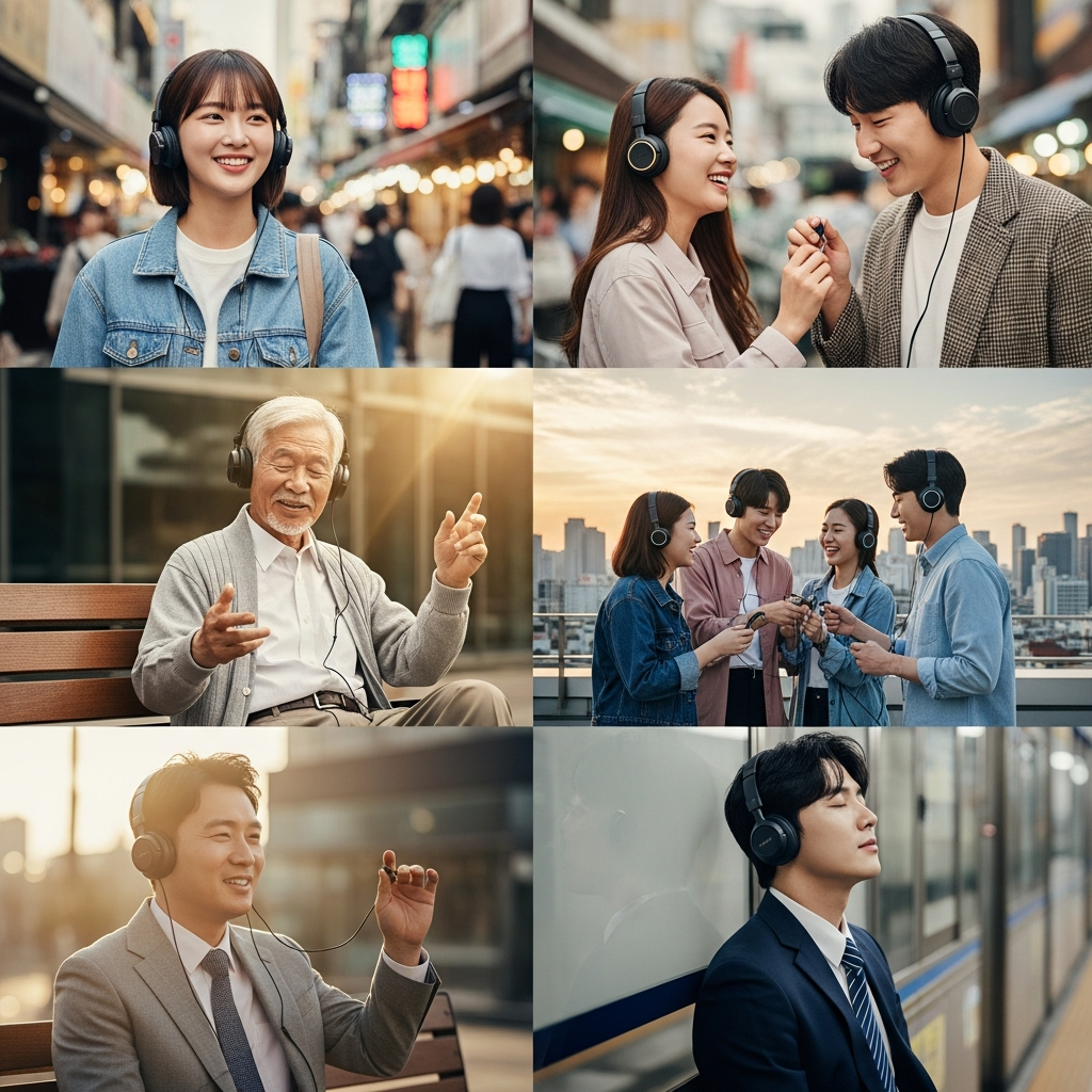A group of Korean people of diverse ages, wearing stylish headphones, enjoying music in various urban settings. The atmosphere is vibrant and happy, with warm, balanced lighting. Style: lifestyle photography. No visible text.