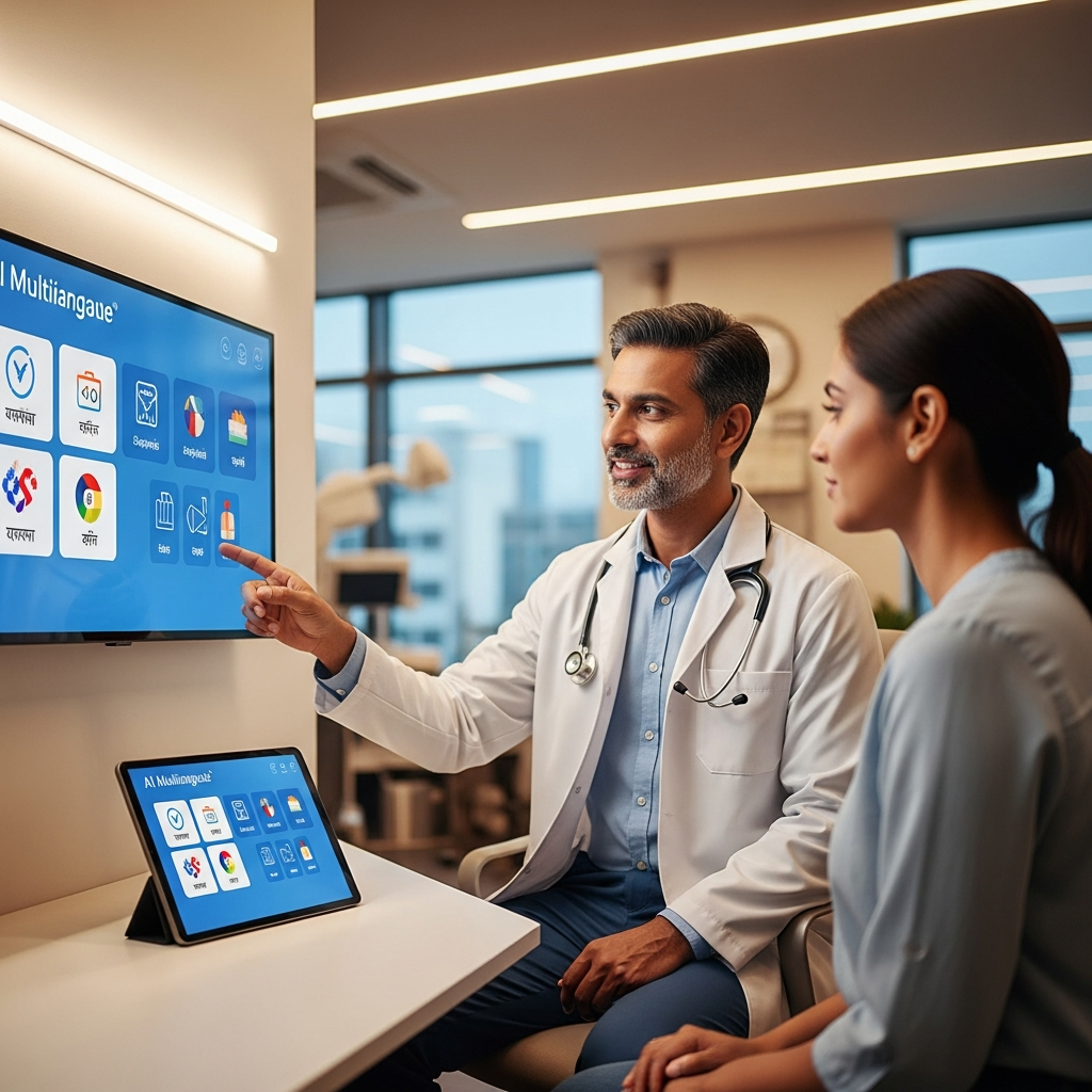 Healthcare AI consultation scene with Indian medical professional and patient using multilingual AI interface. Modern clinic setting with digital screens showing language options. Professional medical environment with warm lighting. No text.