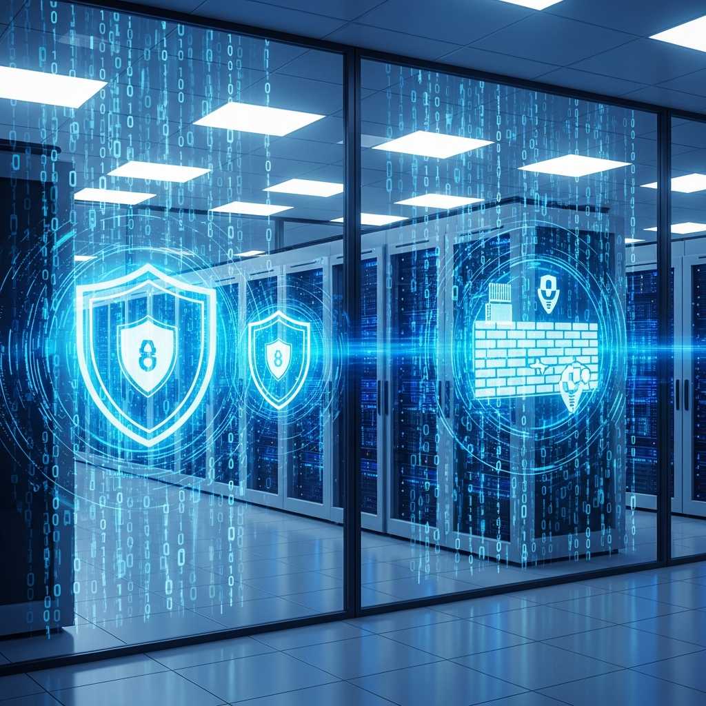 Secure medical data center with encrypted patient information, cybersecurity shields protecting health records, high-tech server room, blue security lighting, digital privacy protection visualization, no text
