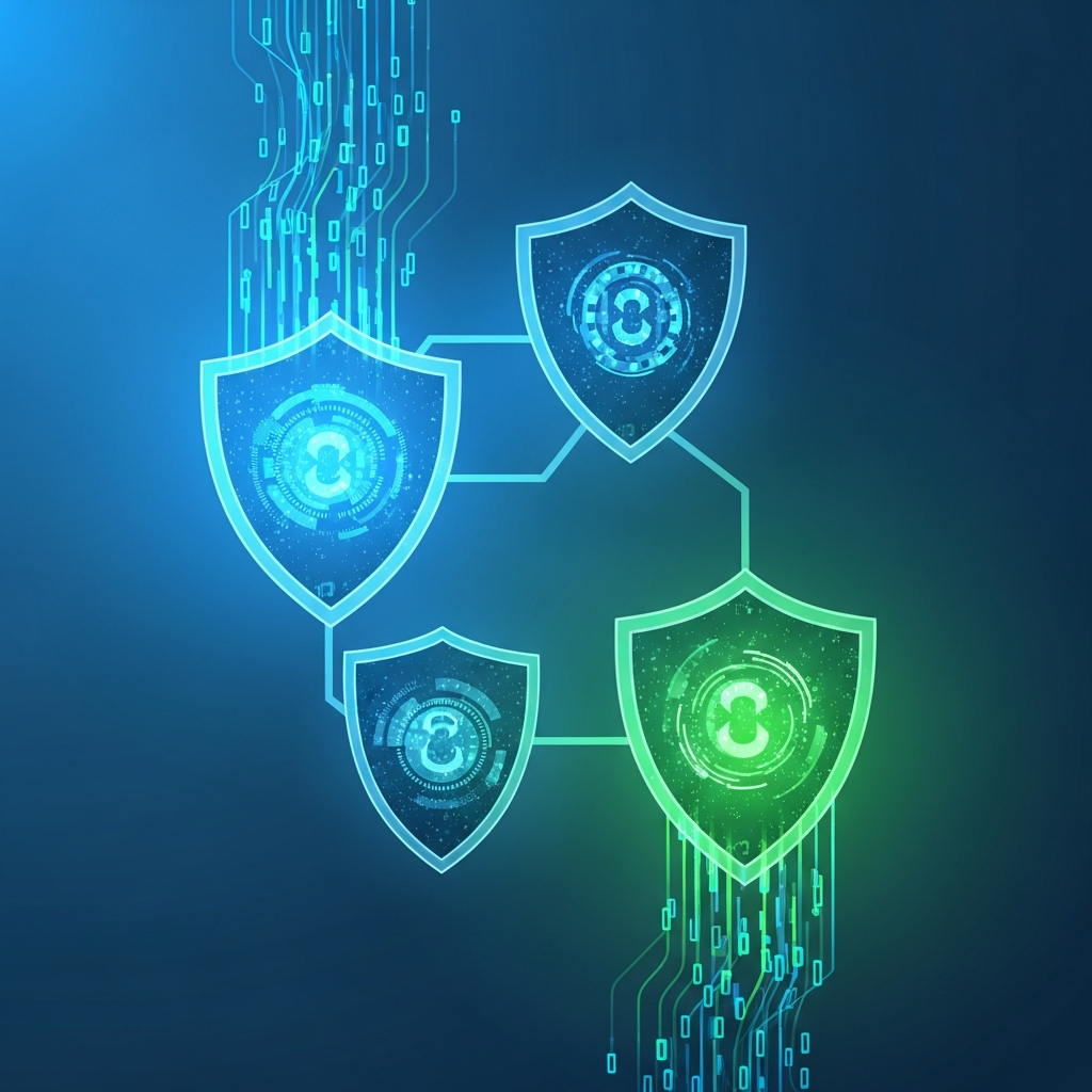 Conceptual illustration of medical data security and privacy protection, digital health records with security shields, encrypted patient information, cybersecurity in healthcare, professional blue and green color scheme, no text
