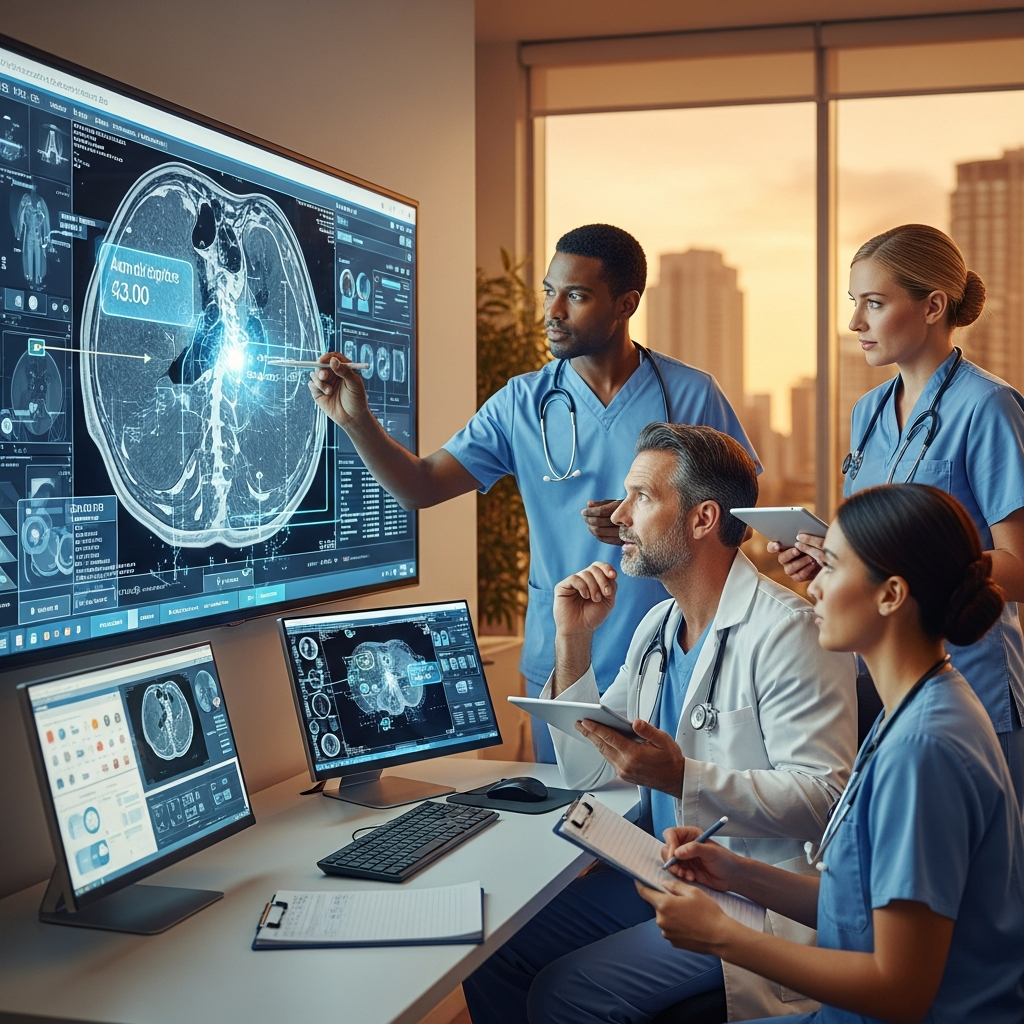 Medical team collaborating with AI diagnostic system, doctors reviewing scan results on large displays, modern medical consultation room, professional healthcare environment, warm lighting, teamwork atmosphere, no text